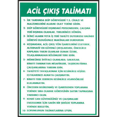 Acil Çıkış Talimatı Iş Güvenliği Levhası 50 x 70 cm