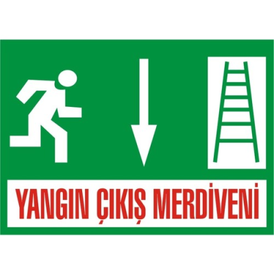 Yangın Acil Çıkış Merdiveni Aşağı 2.6 mm PVC Uyarı Levhası 17,5 x 25 cm